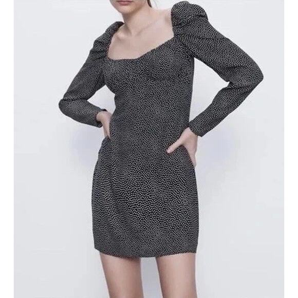 ZARA Draped Polka Dot Short Mini Dress Puff Shoulder Long Sleeve Size Large - Picture 1 of 8